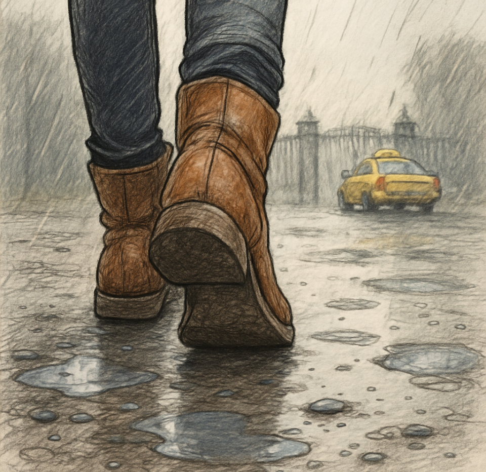 Cartoon style sketch of boots walking towards a taxi. The ground is gravel and puddles.